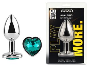 Анальная пробка EGZO Silver Heart Plug Marine M из нержавеющей стали с кристаллом в форме сердца Sex Aura