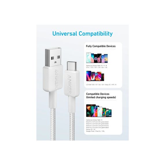 Дата кабель USB 2.0 AM to Type-C 1.8m 322 White Anker (A81H6H21) | Зображення 1
