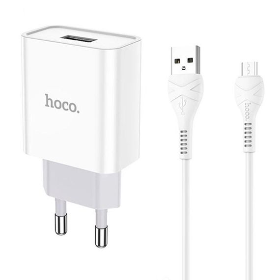 Набір СЗУ 110-240V HOCO C81A 1xUSB+кабель Micro, 2.1A, кабель 1м, White, Blister | Зображення 1