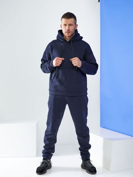 Мужской теплый спортивный костюм на флисе двойка KI503 цвет темно-синий, размер 54/56
