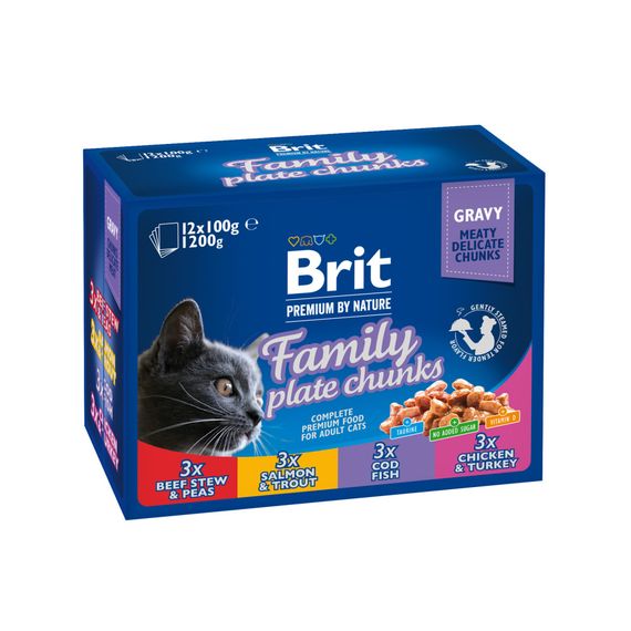 Корм вологий Brit Premium Cat Family Plate pouches набір паучів сімейна тарілка для котів асорті 4 смаки 100 г х 12 шт.