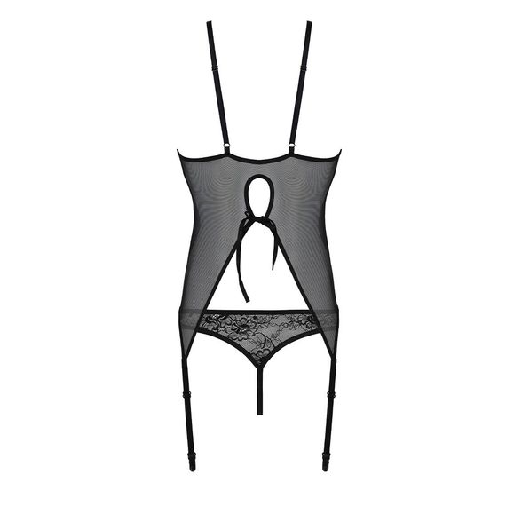 Корсет із пажами, трусики з ажурним декором та відкритим кроком Passion URSULA CORSET S/M, black | Зображення 4