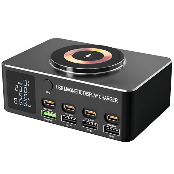 Многопортовое зарядное устройство с беспроводной зарядкой Addap MCS-818D+ | зарядная док-станция на 4 разъема Type-C PD + 4 разъема USB QC3.0, 140W | Зображення 1