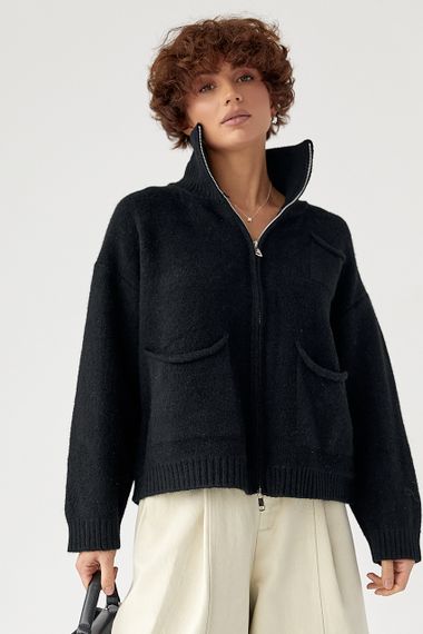 В'язаний кардиган на блискавці з кишенями - чорний цвет, ONE SIZE (є розміри)
