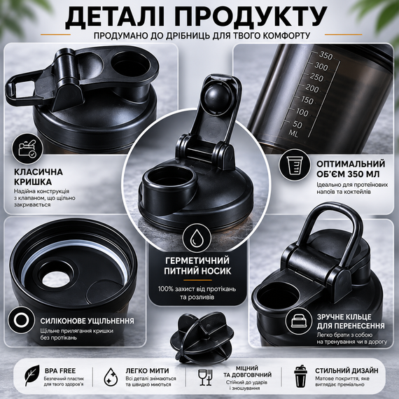 Спортивный шейкер Hi! с шариком (венчиком) для протеина и коктейлей, 350 мл - Черный | Зображення 3