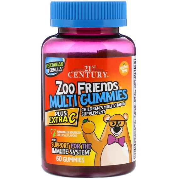 Мультивітаміни для дітей з вітаміном С, Zoo Friends Multi Gummies, Plus Extra C, 21st Century, 60 шт.