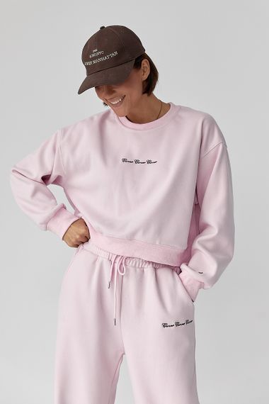 Спортивний костюм із плюшевим начісом з коротким світшотом та штанами палаццо - пудра цвет, M/L (є розміри) | Зображення 2