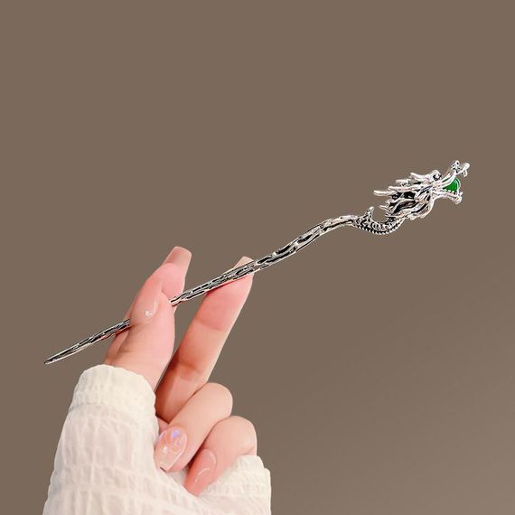 Металева китайська паличка для волосся "Срібний Дракон з нефритом". | Зображення 1