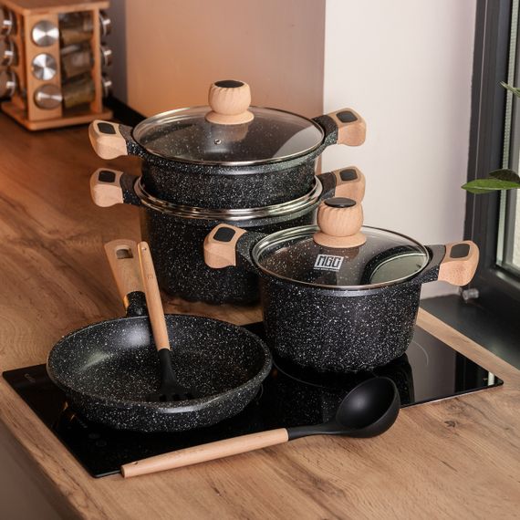 Набір посуду, 3 каструлі, з товстодонною алюмінієвою лопаткою та ополоником MGC, чорний HP-4-401B | Зображення 5