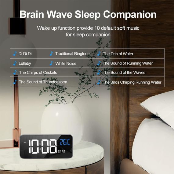 Цифровий будильник із великим LED-дисплеєм, термометром, 13 мелодіями та USB-портом зарядки | Зображення 6
