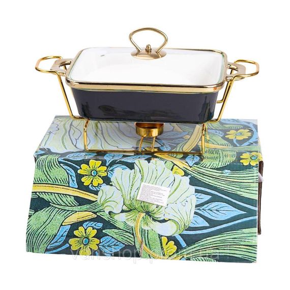 Мармит фарфоровый со стеклянной крышкой 31х16х15.5 см на металлической подставке 1 л Черный HTJ-1001 | Зображення 5