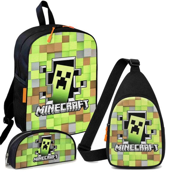 Набор Minecraft Крипер на кубах 3 в 1: детский рюкзак + сумка-слинг + пенал, для мальчика и девочки 7–9 лет (6137)