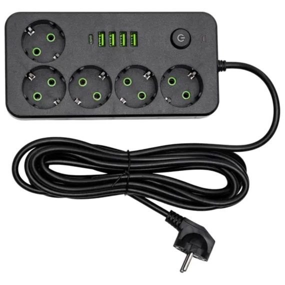 Мережевий фільтр-подовжувач 5 розеток 4xUSB-A 1xUSB-C 5м чорний HP-5-52 | Зображення 1