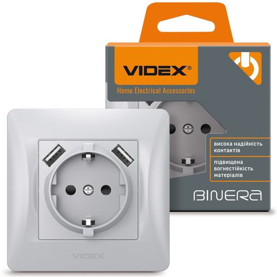 Одинарная розетка с заземлением 2 USB и повышенной огнеупорностью VIDEX BINERA VF-BNSK1GU2-SS серебристая | Зображення 1