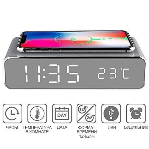 Беспроводная зарядка с LED часами Fast wireless charger&clock 10W черная | Зображення 1