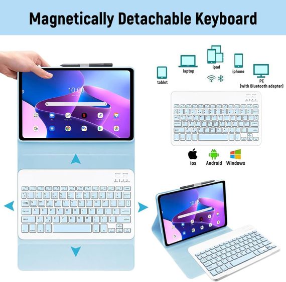 Чохол з Bluetooth-клавіатурою для Lenovo Tab M10 Plus 3-го покоління 10.6”, блакитний з тримачем для стилуса, QWERTY розкладка | Зображення 7