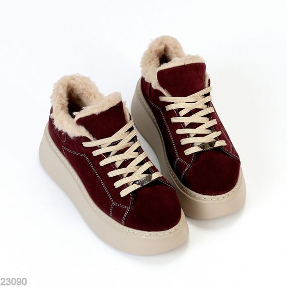 Бордовые зимние прошитые кроссовки натуральная замша на бежевой платформе | Зображення 7