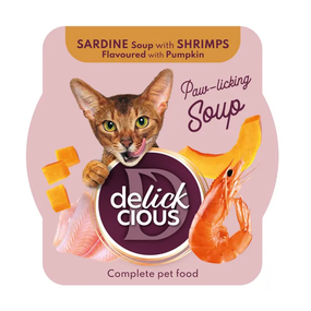 Суп ласощі Delickcious для дорослих котів, сардини, креветки та гарбуз 80г