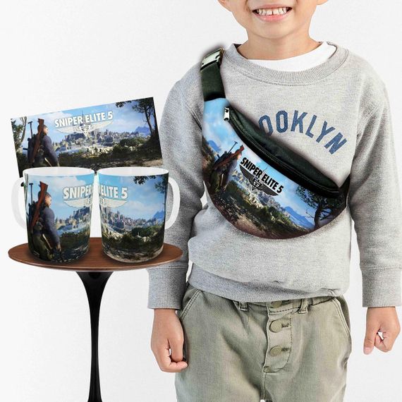 Набор: детская сумка-бананка+кружка Sniper Elite5 32х15см,бананка для мальчика через плечо на подарок (00885)