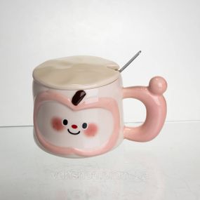 Чашка фарфоровая 400 (мл) с крышкой и ложкой, оригинальная кружка на подарок чашка для детей Розовый FM-25C