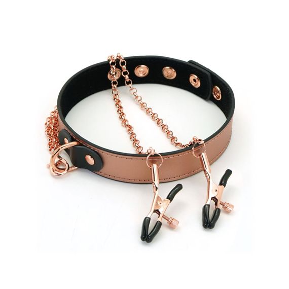 Нашийник із затискачами для сосків Liebe Seele Rose Gold Memory Collar with Nipple Clamps, шкіра sexstyle