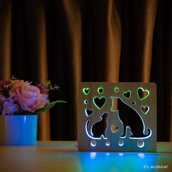 Светильник ночник ArtEco Light из дерева LED "Кот и пес" с пультом и регулировкой...