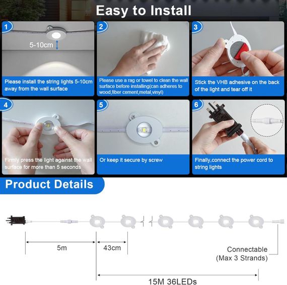 Різдвяна гірлянда Tacobey Eaves 15 м — 36 LED, жовте тепле світло, мережеве живлення, для вулиці та дому | Зображення 4