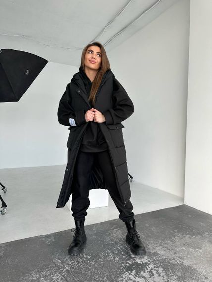 Женский длинный теплый жилет с капюшоном DA377 цвет черный, размер 42/44