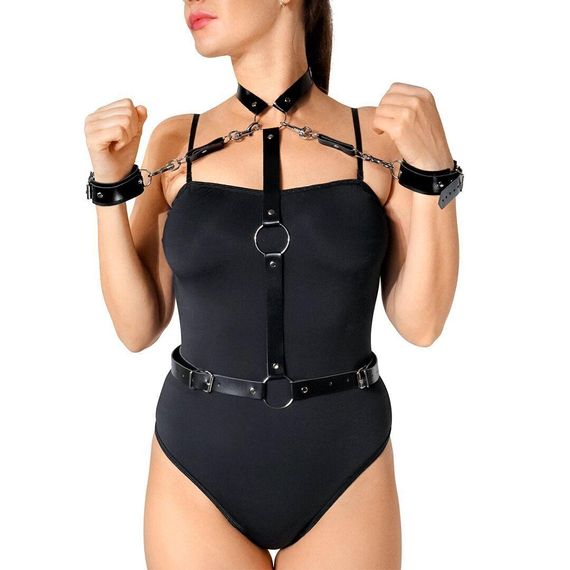 Кожаная женская портупея с наручниками Art of Sex - Ursula черная XS-2XL sexstyle | Зображення 4