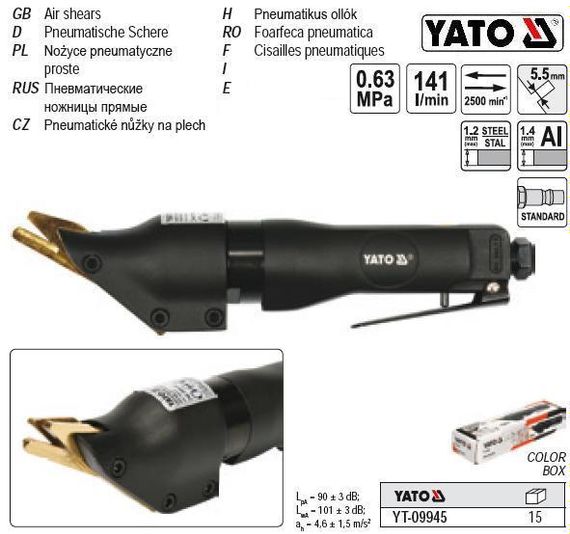 Ножицы пневматические YATO Польша прямые по металлу t≤ 1.4 мм YT-09945