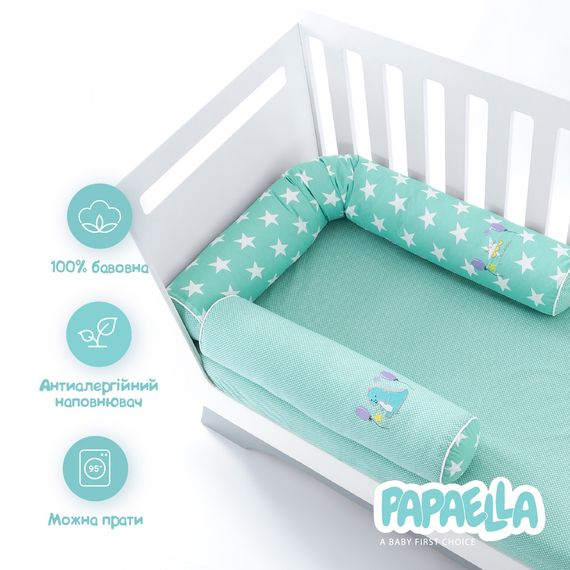 Защитные бортики-валики в детскую кроватку 2 шт ТM PAPAELLA 60х15 см, 120х15 см хлопок звезда/горошек ментол | Зображення 7