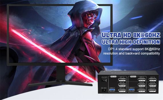 8K Трійний Displayport USB 3.0 KVM-перемикач 3 монітори 2 комп'ютери 4K 144 Гц 2x3 Трійний монітор HDMI DP KVM-перемикач | Зображення 2