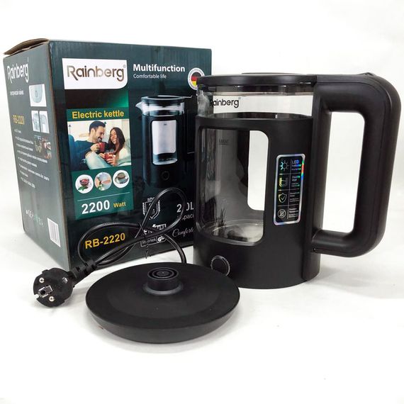 Електрочайник Rainberg RB-2220 скляний дисковий прозорий. Чайник із підсвічуванням 2200W. Колір: чорний | Зображення 5