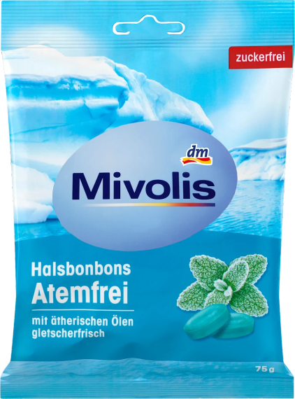 Льодяники Mivolis для горла без цукру з ефірними оліями, 75 г – свіже дихання та полегшення дихання, Німеччина