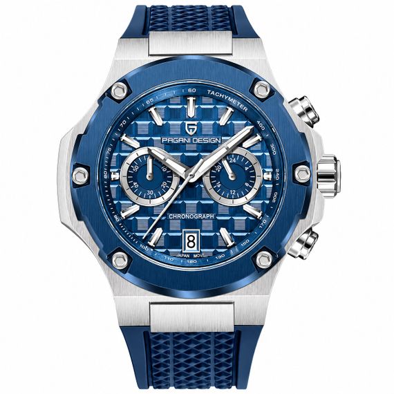 Чоловічий годинник Pagani Design PD-YS032 Silver-Blue-Blue Rubber зі сталевим корпусом та синім каучуковим ремінцем