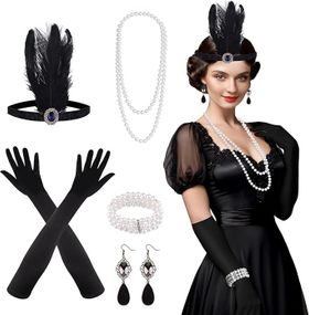 Набор аксессуаров в стиле 20-х Гетсби Чикаго, ободок с перьями, бусы, серьги, браслет черные перчатки мундштук