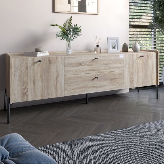 Тумба під телевізор з шухлядами LION Wood з чорними ніжками 180х50х40 см Дуб Сонома (LION-043129)