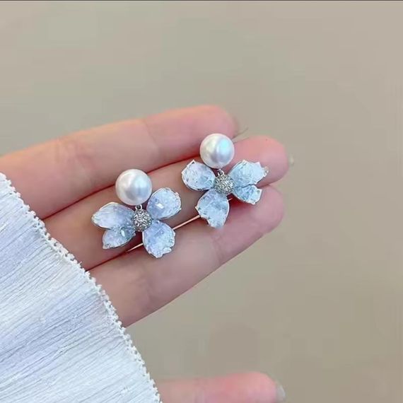 Сережки с кристалльными цветами, серьги с кристаллами и жемчужинами, серёжки цветы, серьги с цветочками | Зображення 2