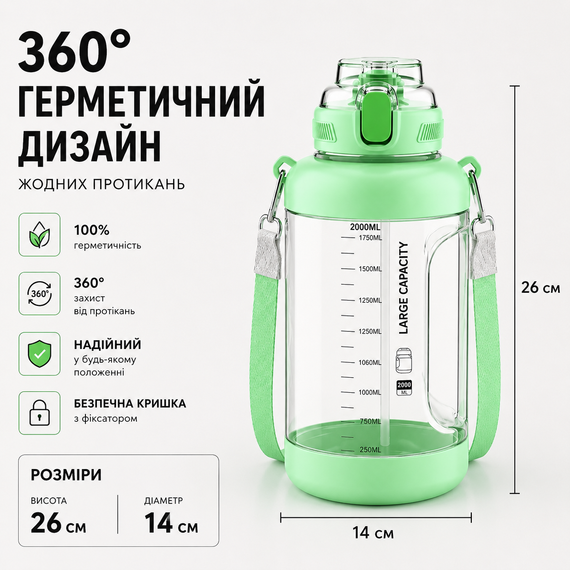 Спортивная бутылка для воды Tritan 2200 мл с ручкой и ремешком, Зеленая (Тритановая бутылка большой емкости) | Зображення 9