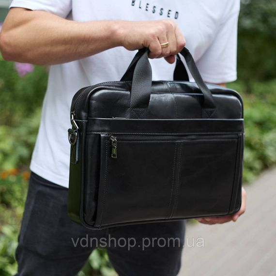 Кожаная мужская сумка-портфель 38х28х8, сумочка для работы и ежедневных дел, мужской шопер, черная | Зображення 2