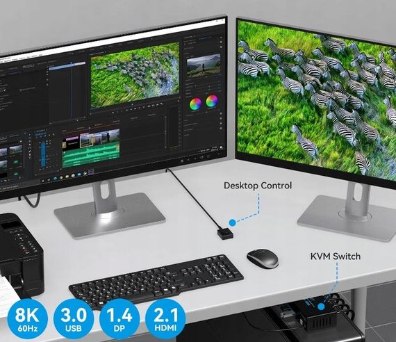 KVM-переключатель на 2 мониторы с 2 ПК USB 3.0 HDMI-совместимый 4K@60Hz 2K@144Hz, VPFCT VP-SW222 | Зображення 1