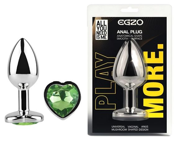 Анальная пробка EGZO Silver Heart Plug MSH-09S с зеленым кристаллом, нержавеющая сталь, размер S Sex Aura