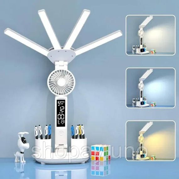Настольная LED-лампа KRX-1011 с вентилятором, часами и подставкой | Зображення 2