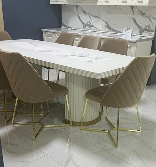 Обідній розкладний стіл Мілано (Milano) із золотим декором на глянсовій стільниці та нозі 180-220-260х95 см | Зображення 4