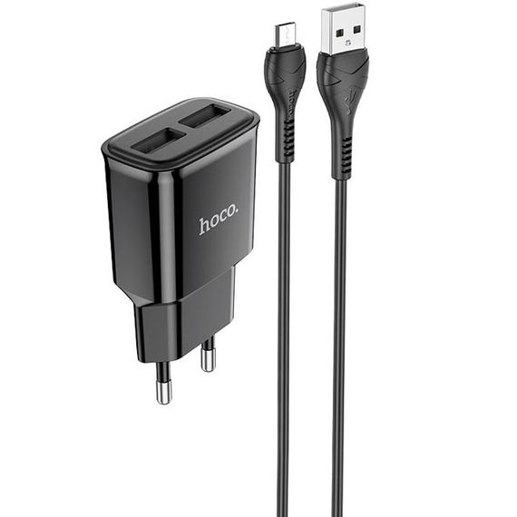 МЗП Hoco C88A Star round 2.4A (2USB-A) + кабель USB to MicroUSB Чорний
