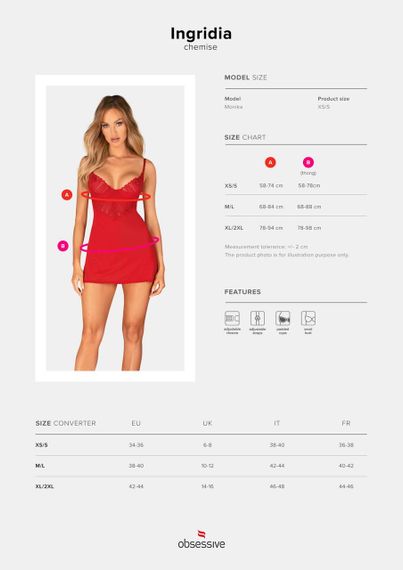 Пеньюар Obsessive Ingridia chemise & thong XS/S, червоний, Сорочка, стрінги sexstyle | Зображення 4