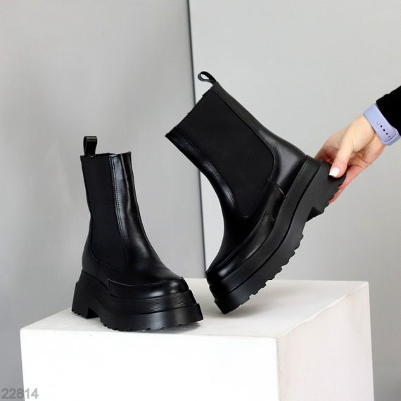 Черные высокие зимние ботинки челси натуральная кожа на платформе | Зображення 1