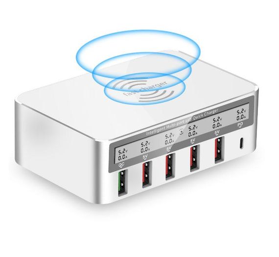 Зарядное устройство WLX-818PF 100W 1xUSB QC3.0 / 4xUSB / 1xPD Type-C / беспроводная зарядка Qi 10W - White