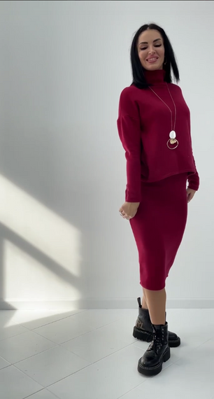 Женский теплый ангоровый костюм юбка и гольф GF07942 цвет бордовый, размер 46/48 | Зображення 2