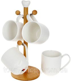 Набор 4 кружки Ceram-Bamboo Naturel 340мл на бамбуковой стойке, фарфор BD-289-404